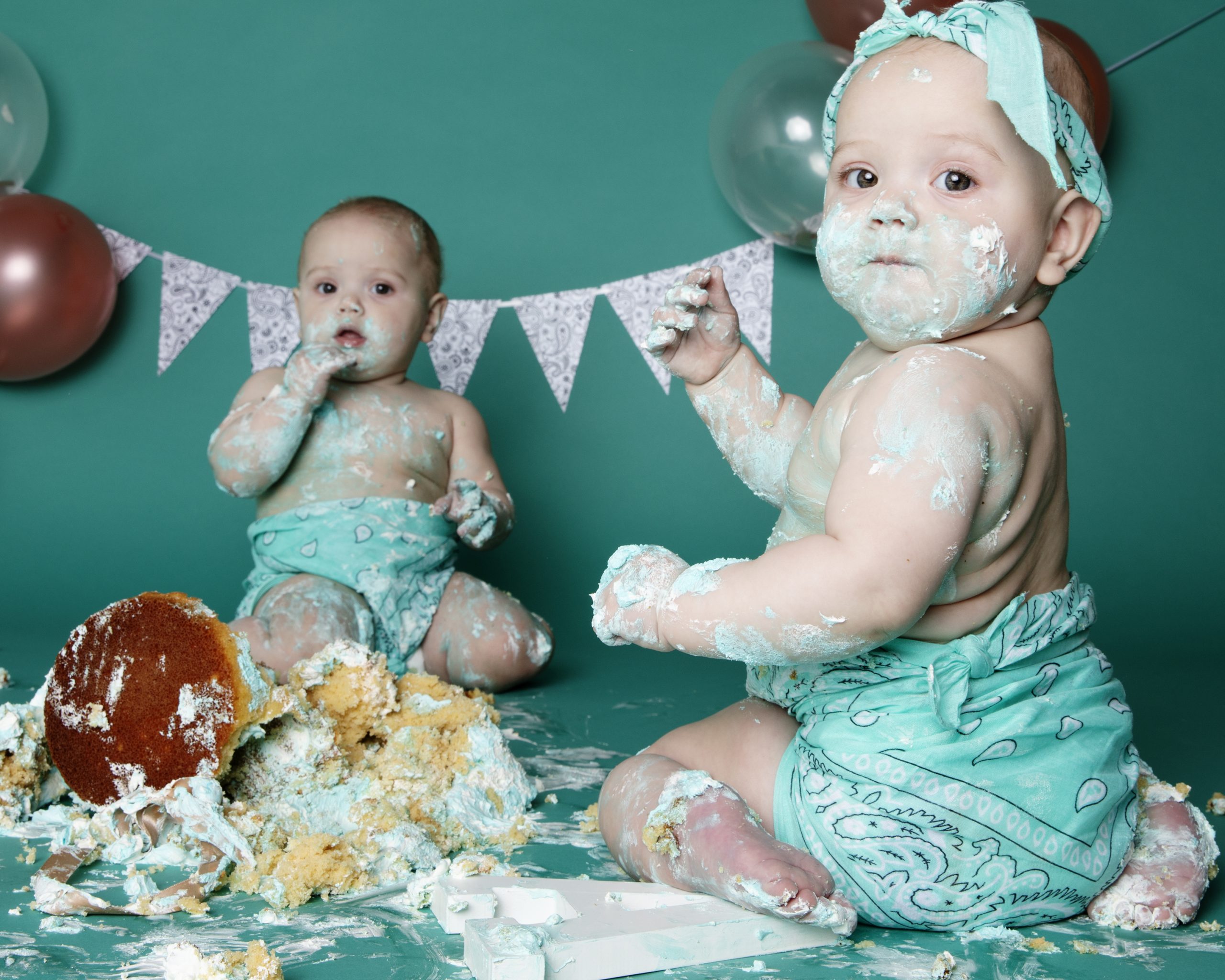 twins gangster baby with icing blue cake smash bandana melbourne