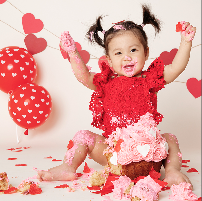 valentines cute happy baby girl red pink love hearts cake smash melbourne photography