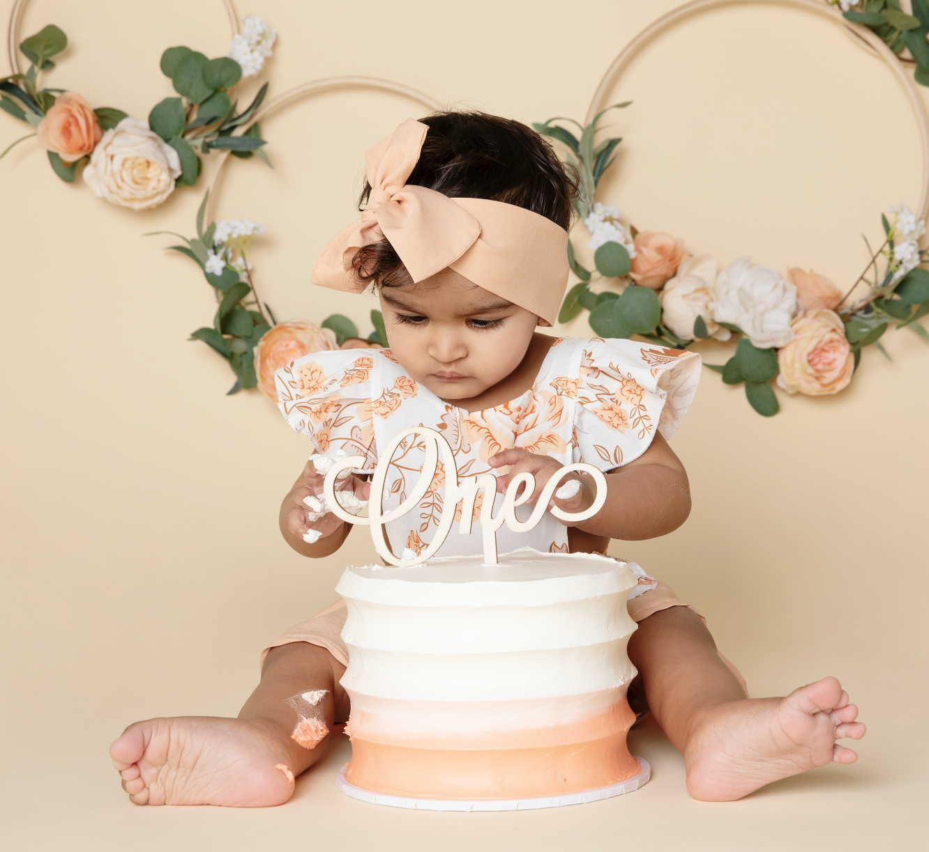 beauitful girl pastel ombre cake smash melbourne peach floral background