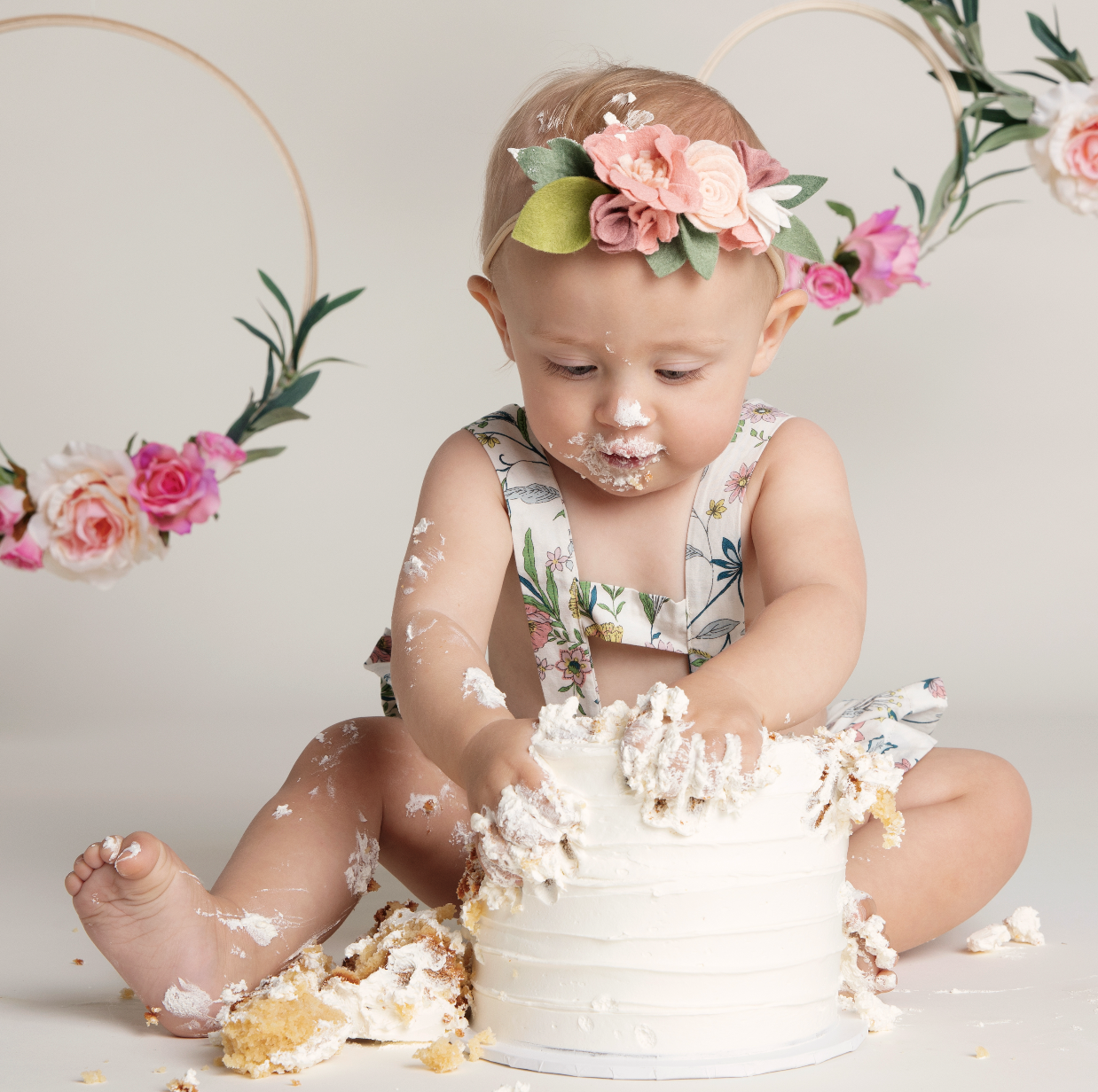 beautiful cute baby girl cake smash floral cream photography melbourne